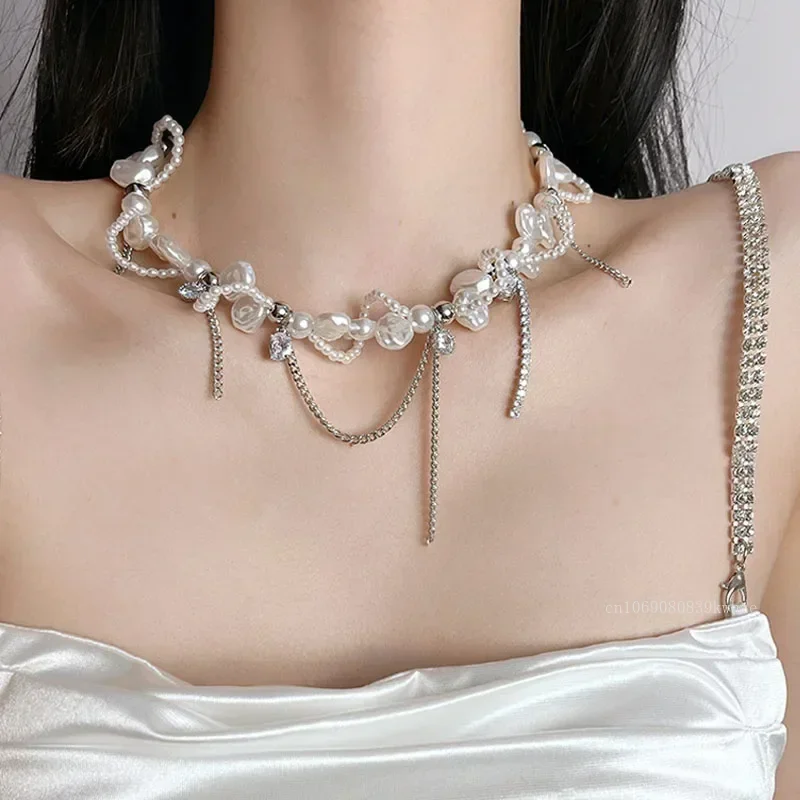 Tatlı ve serin baharat kız tarzı kolye yeni moda kişilik düzensiz inci ve gümüş renk zincir Neckchain kadınlar için