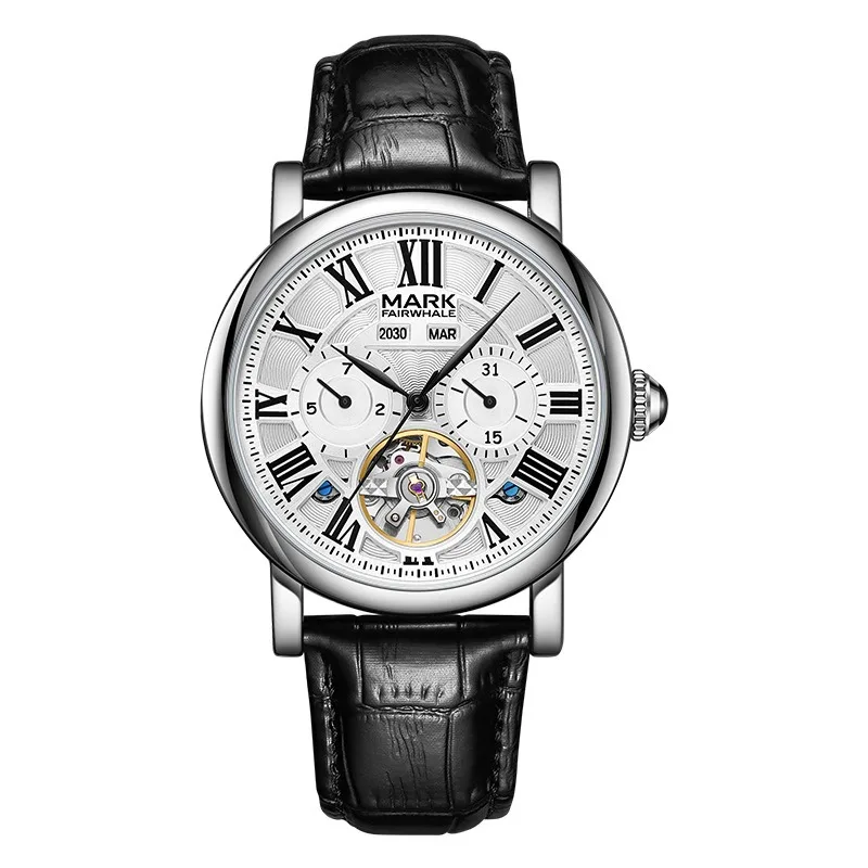 men automatic mechanical watch luminous perpetual calendar tourbillon date see through case back week month display 43mm dial