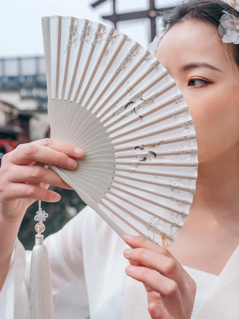 Original White Folding  Chinese Ancient Style Crane Plum Blossom Fan with Qipao Hanfu Silk Gift Fan