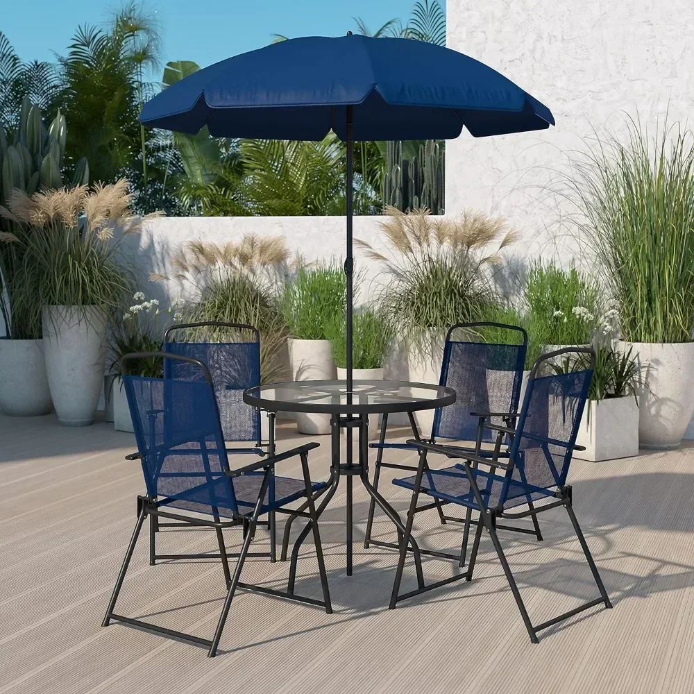 Patio Furniture Sets, 6 Piece Patio Garden Table Set - Umbrella Table - Set of 4 Navy Folding Chairs Outdoor Furniture Sets