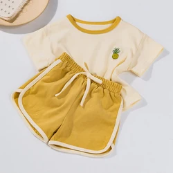 2pcs Baby Girls T-Shirts Pineapple Embroidery Color Block Short Sleeve Tees Top Elastic Waist Shorts Clothes Set Kids Summer