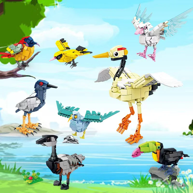 8pcs/set Creative Birds Building Blocks Cognitive Seagulls Crow Oriole Toucan Animal Steam Bricks Educational Toys For Children