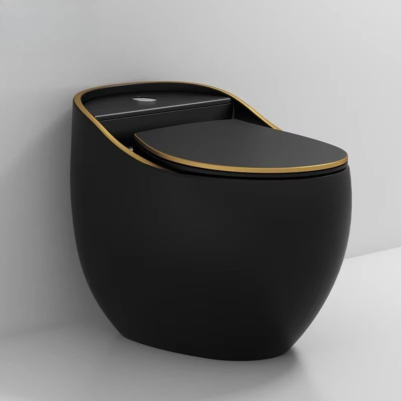 

Luxury modern ceramic integrated toilet, gold trim, S-shaped drainage, black egg-shaped design, suitable for hotel use