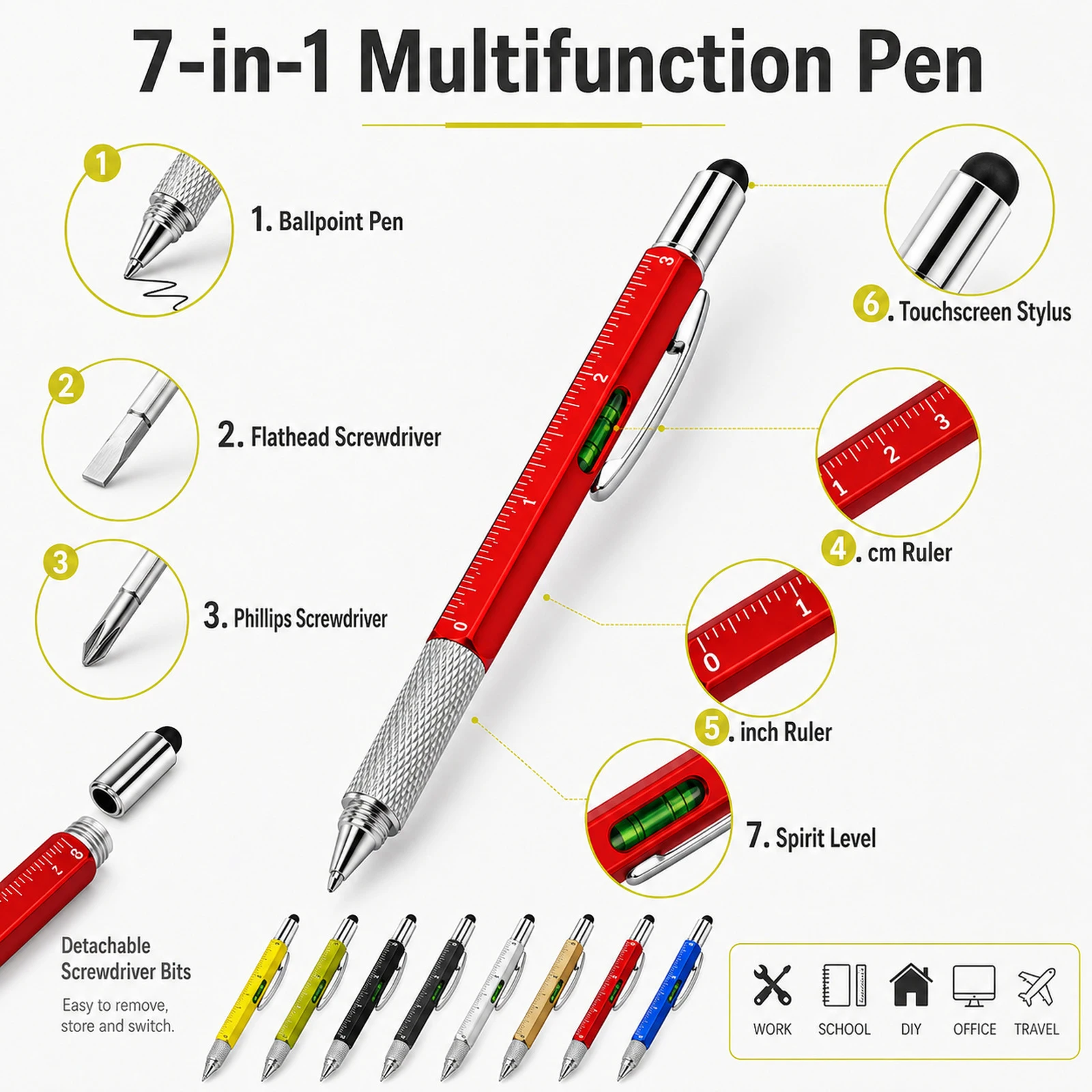 7 In1 Multifunction Ballpoint Pen with Modern Handheld Tool Measure Technical Ruler Screwdriver Touch Screen Stylus Spirit Level