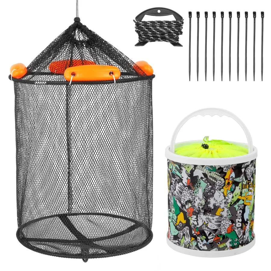 

Fish Basket Extra Large Foldable Fishing Basket Live Caught Fish Collapsible Mesh Bait Pen Heavy Duty Coated Fishing Net Cage wi