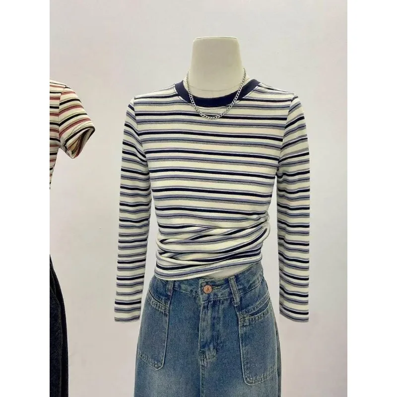 Women Striped Long Sleeve Top Crew Neck Slim Fit Cropped Twist Design Casual Daily Inner Layering Shirt