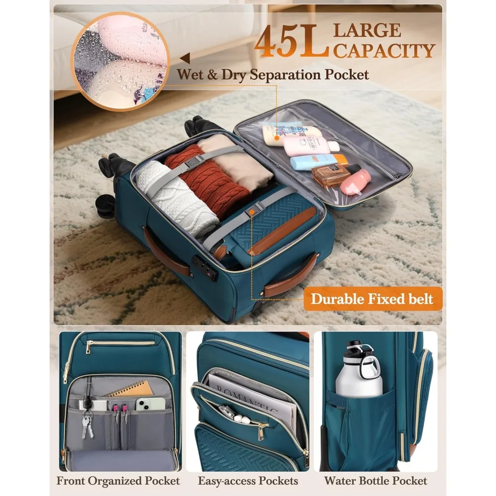 20 Inch Softside Rolling Carry-On Luggage Set, Airline Approved, 3 Piece Suitcases with Wheels, Travel Essential