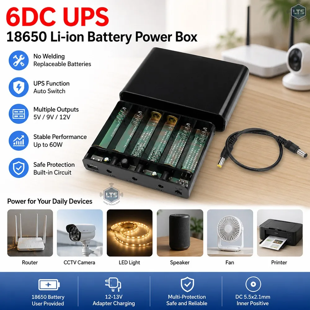 6*18650 Battery Uninterrupted Power Supply DC UPS 5V 9V 12V Output DIY Power Bank Box for House Router Cellphone Tablet Modem