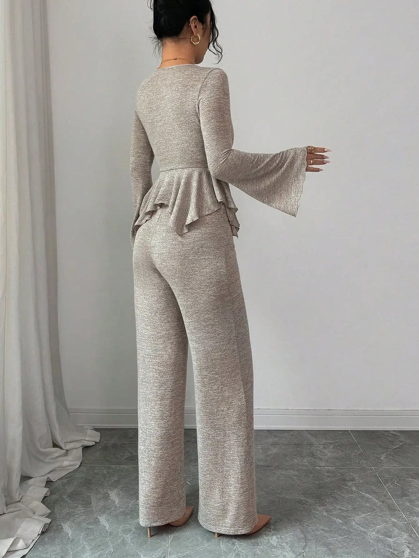 New Pink Peach Color Long Sleeve Knitted Top with Ruffle Hem And Bottoms Set for Outings Dates Vacations And Commuting