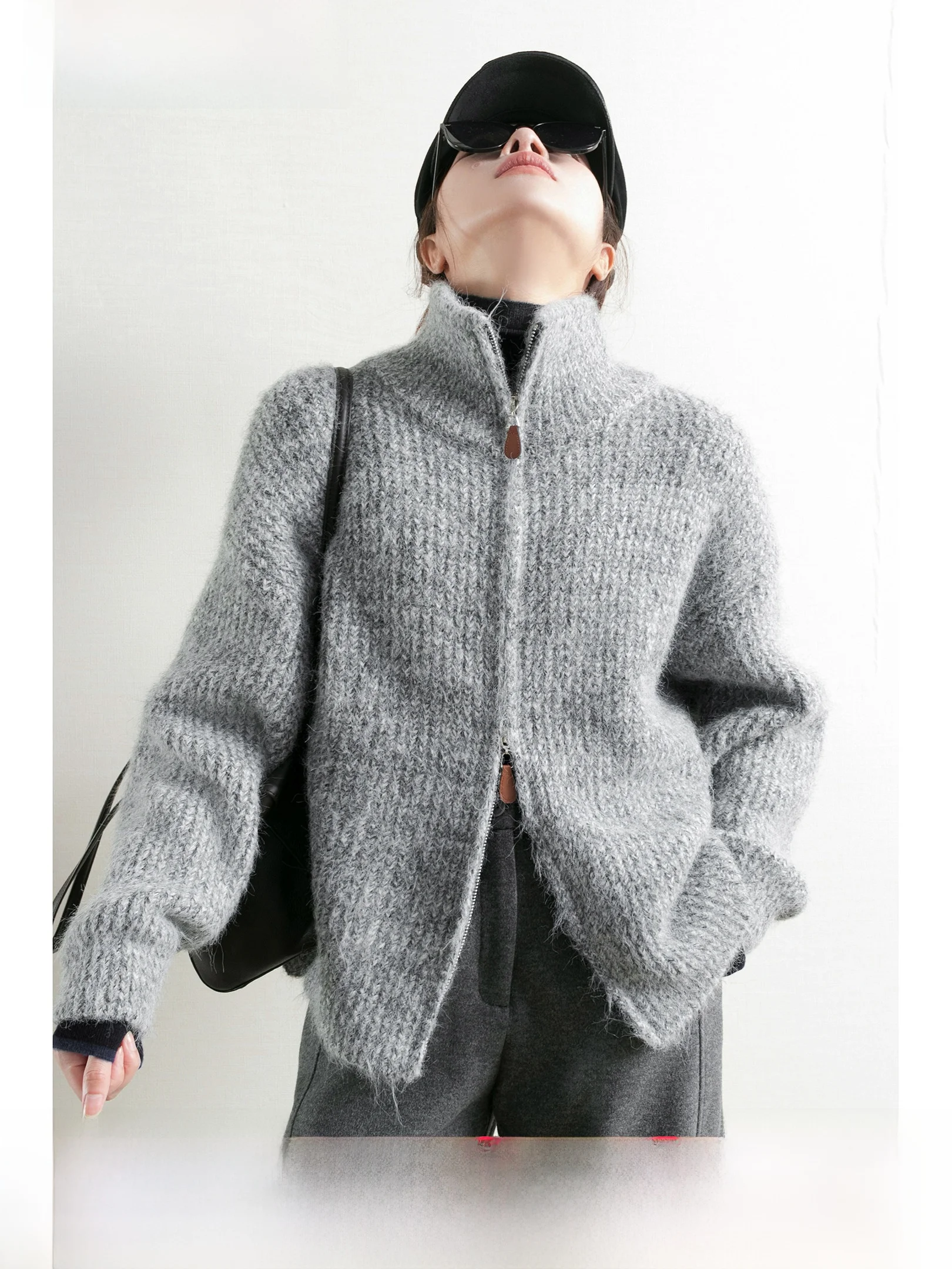 

TidePA Chilley Thi Double Zipper ey Floral Sweater Jaet Women's New Winter Street Sle Knitted Warm Coat Long Sve