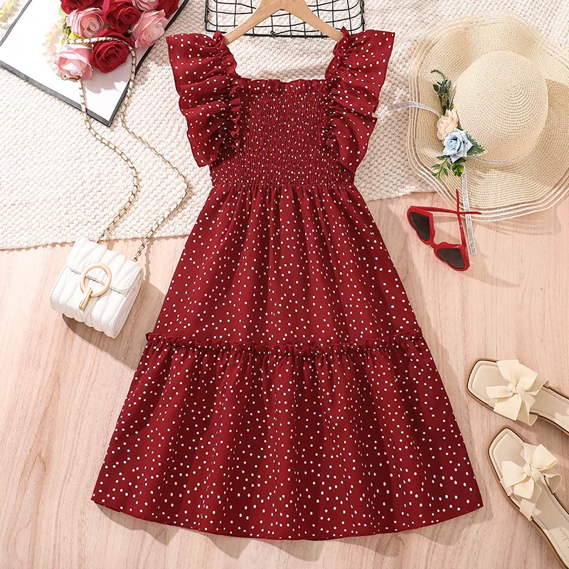 2025 New Arrival Girls Sleeveless Ruffles Dot Red Menina Cute Holiday Night Party Princess Dress Custume 8-12T