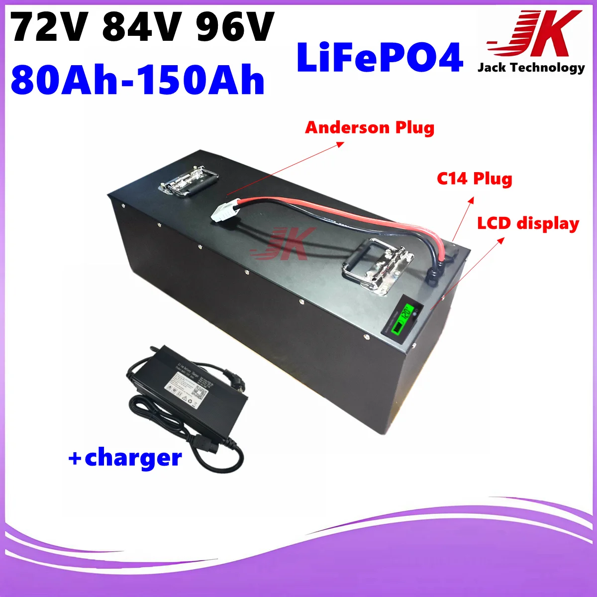 

Jack factory 72V 84V 96V 100AH LiFePO4 battery 120AH 130AH iron phosphate battery pack with BMS for EV RV AGV Golf Cart+charger