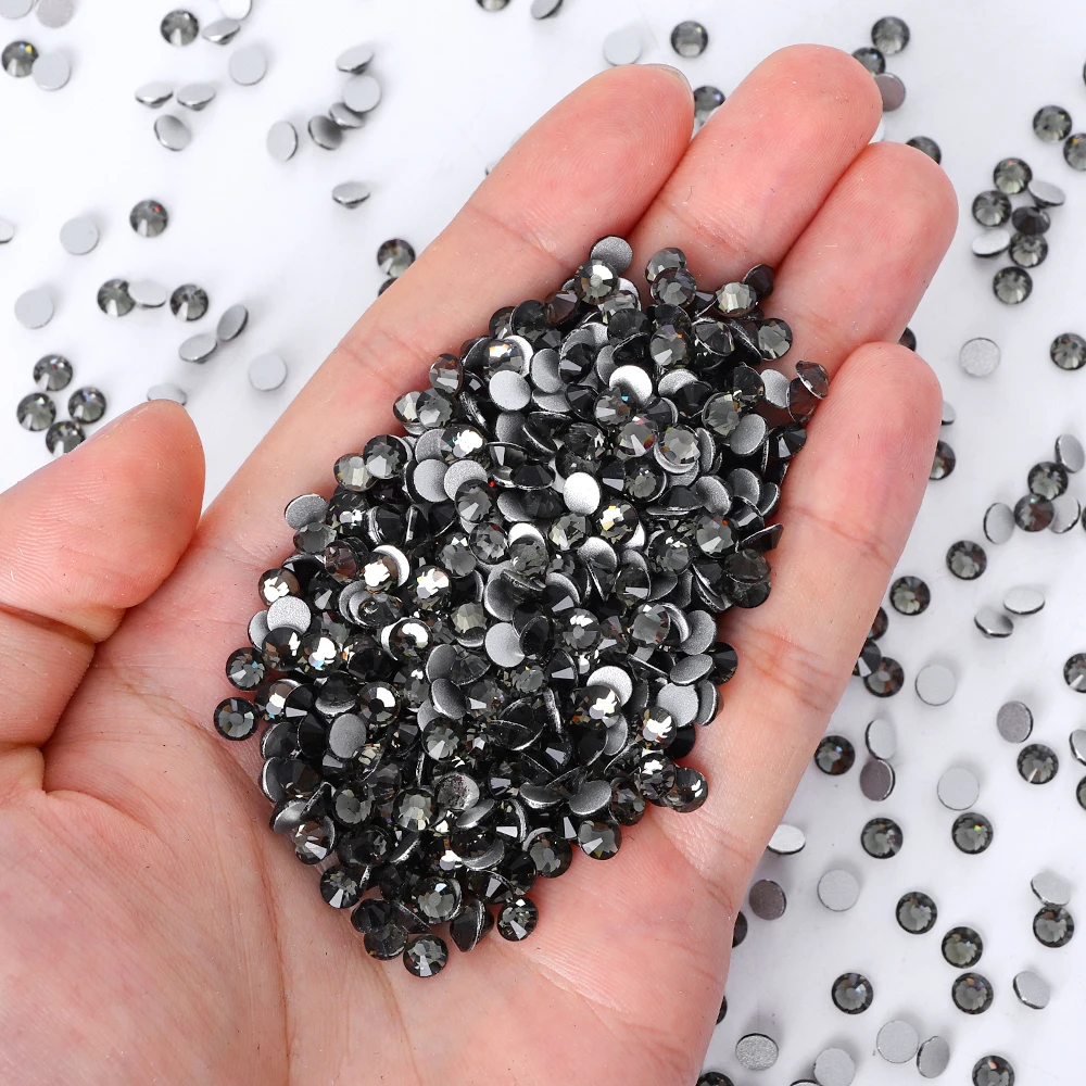 All Size SS3-SS60 Black Diamond Glass Flatback Rhinestone High Quality Round Silver Base Gray Glue On Stones for DIY Nails Art