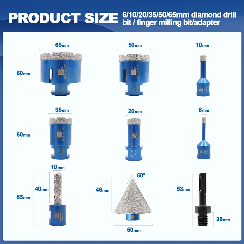 BRSCHNITT-Diamond Drilling Bits Kit, Tile Cutter for Drilling Ceramic Marble Granite, 58 Thread Hole Saw, 9Pcs