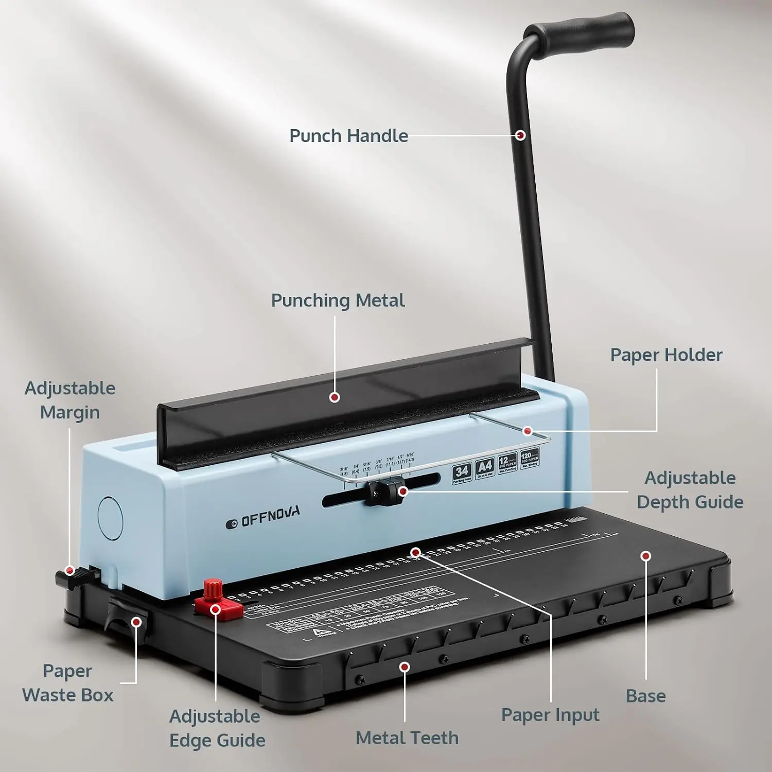 3:1 Pitch Wire Book Binding Machine with 34 Square Punch Holes, Adjustable Margin, Punches 12 Sheets and Binds Up to 120 Sheets