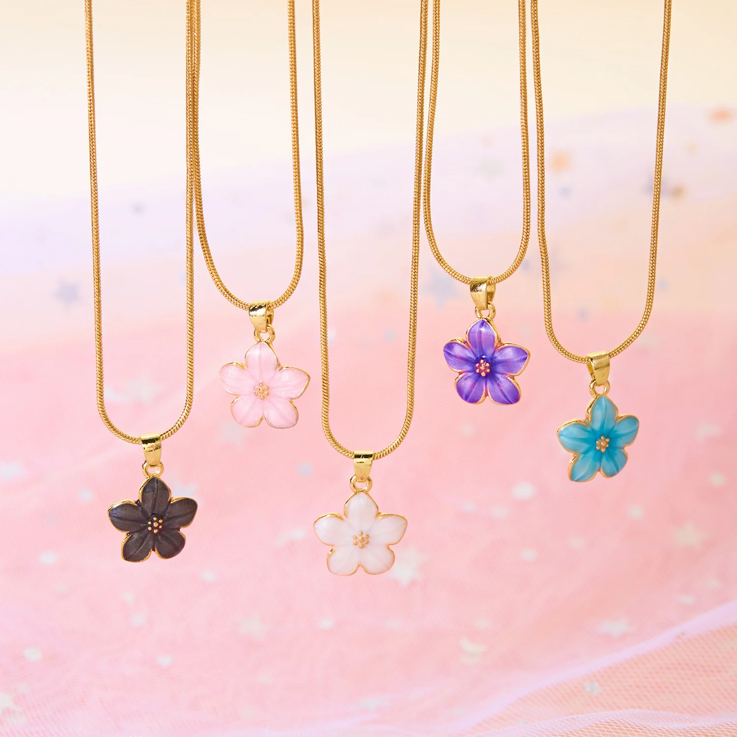 

Sweet Cute Cherry Blossom Pendant Necklace for Women Girls Romantic Enamel Flower Gold Color Metal Chain Necklace Jewelry Gifts