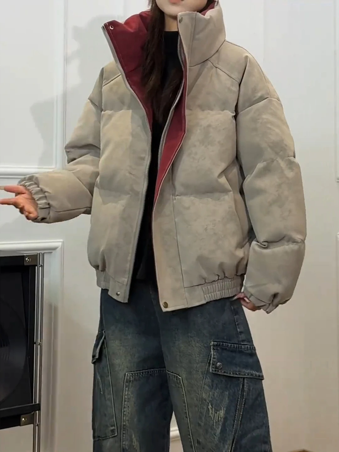 

American Dyed PU Leather down Cotton Jaet Men's ort Thi Warm Cleanfit Bread Sle Faionable Winter Coat for Men