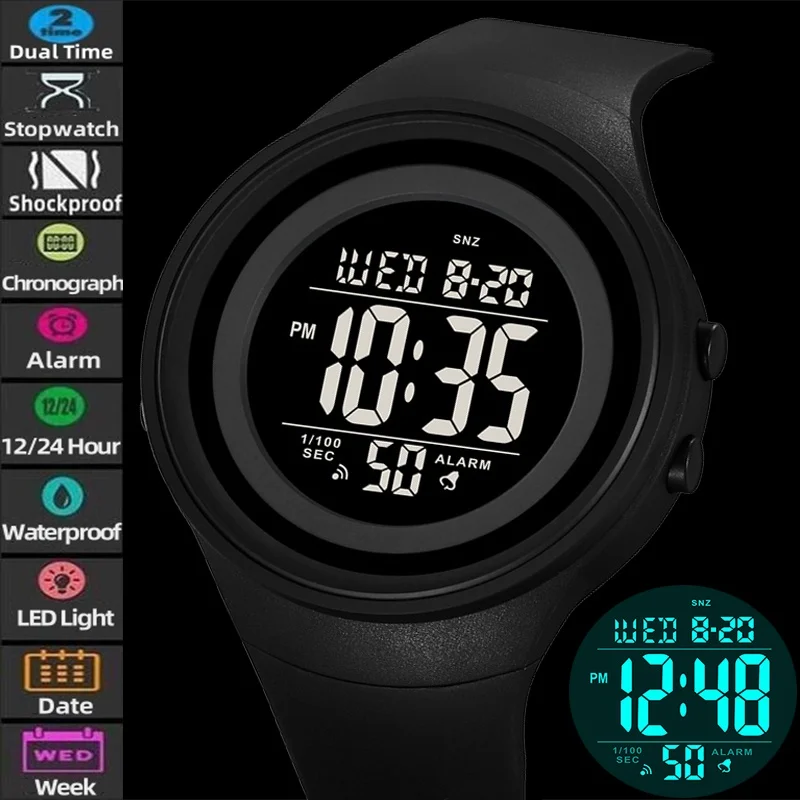 

Skmei противоударные спортивные часы для мужчин, модный ремешок из ТПУ, светодиодный водонепроницаемый хронограф, двойной часовой пояс, цифровой будильник, мужской