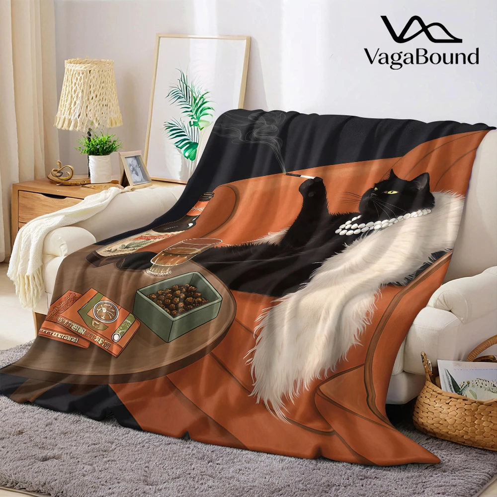 Sophisticated Cat Lounge Flannel Blanket Warm Soft Cozy Decorative Gift for All Season Halloween Christmas Couch Decor