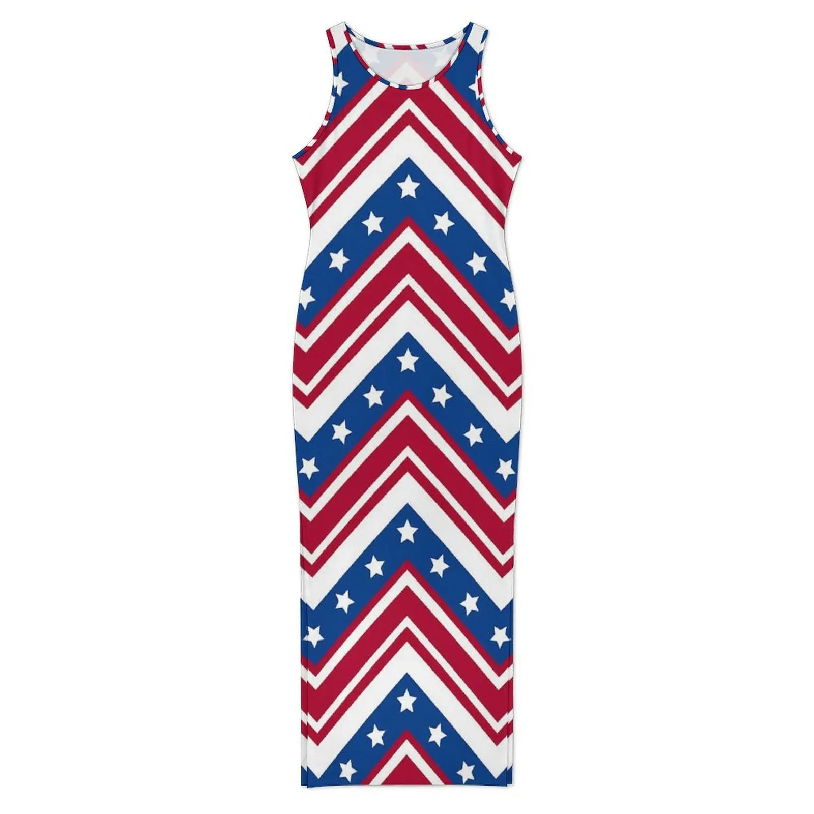Abito aderente da donna Elegante bandiera USA Maxi abiti estivi Rosso bianco e blu Zigzag senza maniche Casual Y2k Abito fai da te personalizzato