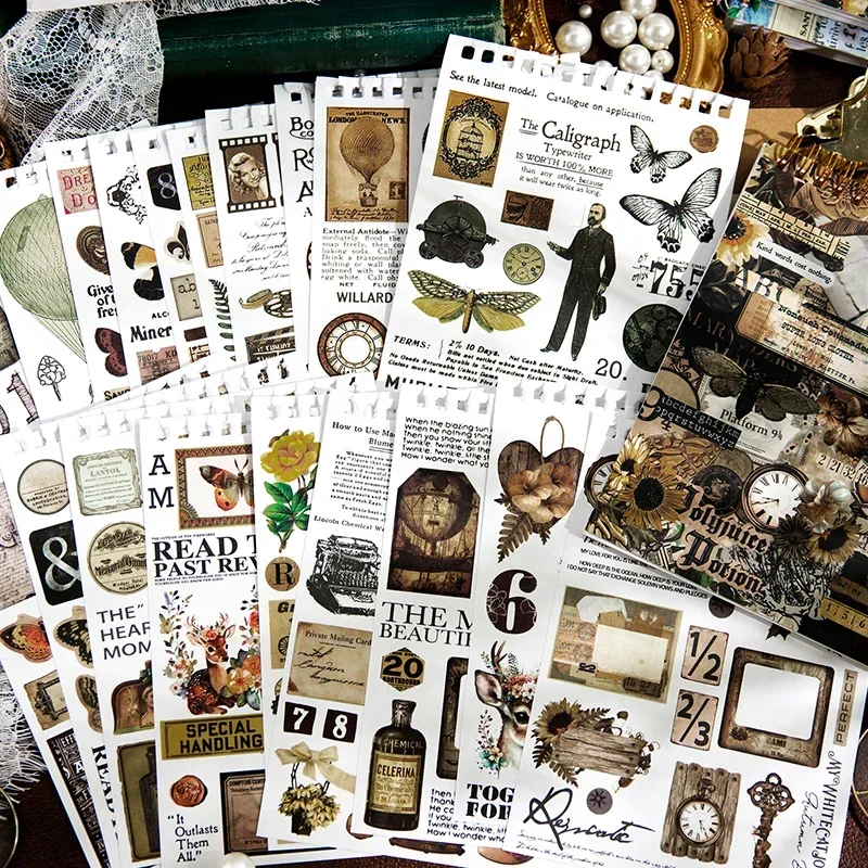 50 Sheets Stickers This vintage life record series vintage art butterfly flower label ledger decorative materials 4 Choices