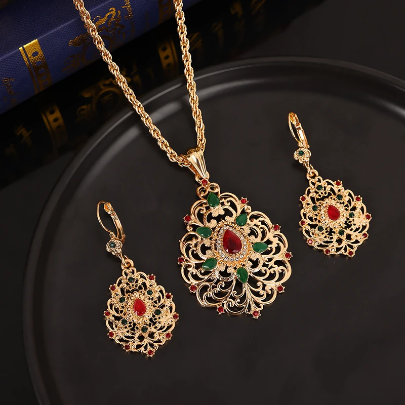 Moroccan Bride Jewelry Set Water Drop For Women Hollow Pendant Necklace Earrings Accessories