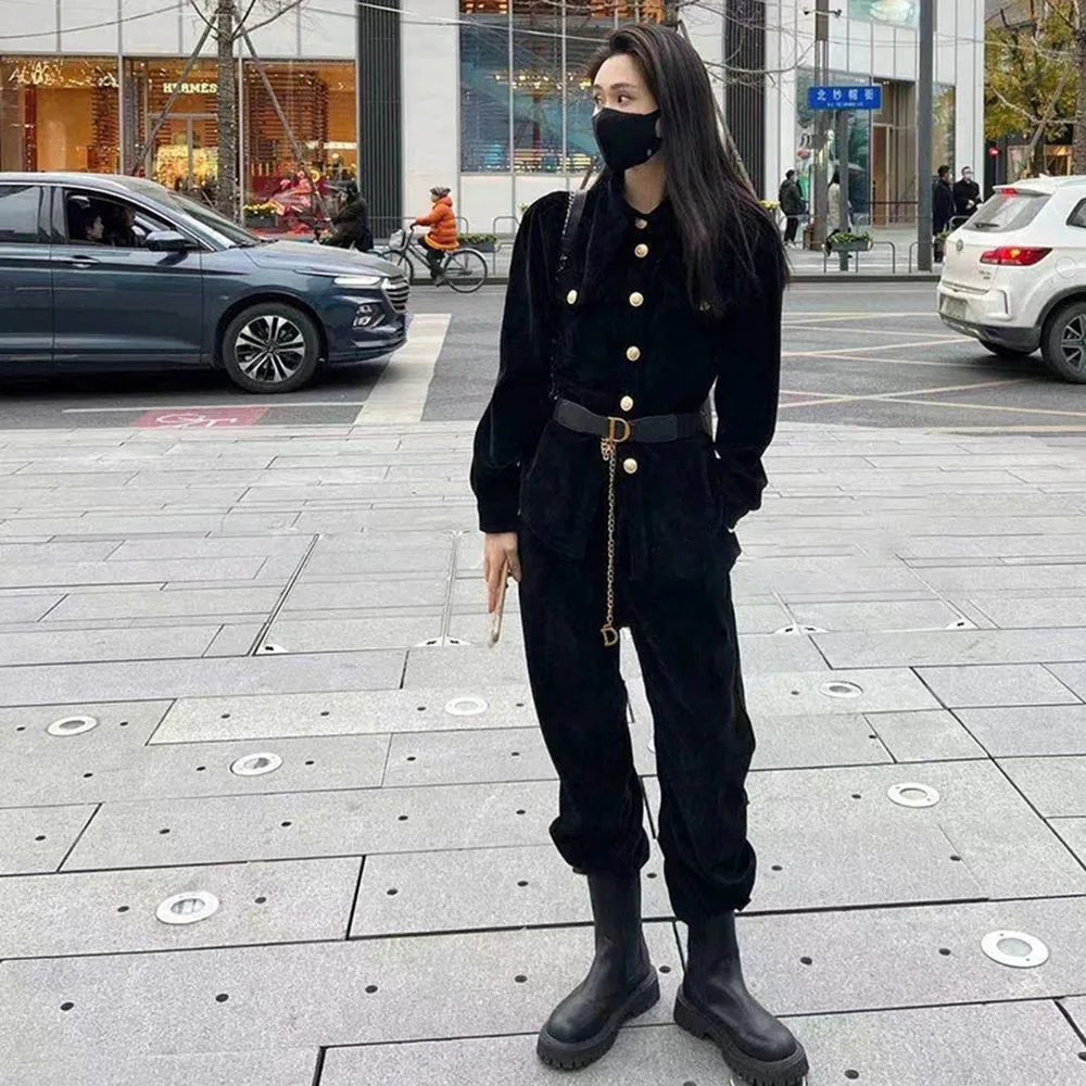 

With Belt Corduroy Set Women 2023 Winter New 2-piece Long-sleeve Doll Collar Top Straight Trousers Fashion Casual Two-piece Suit