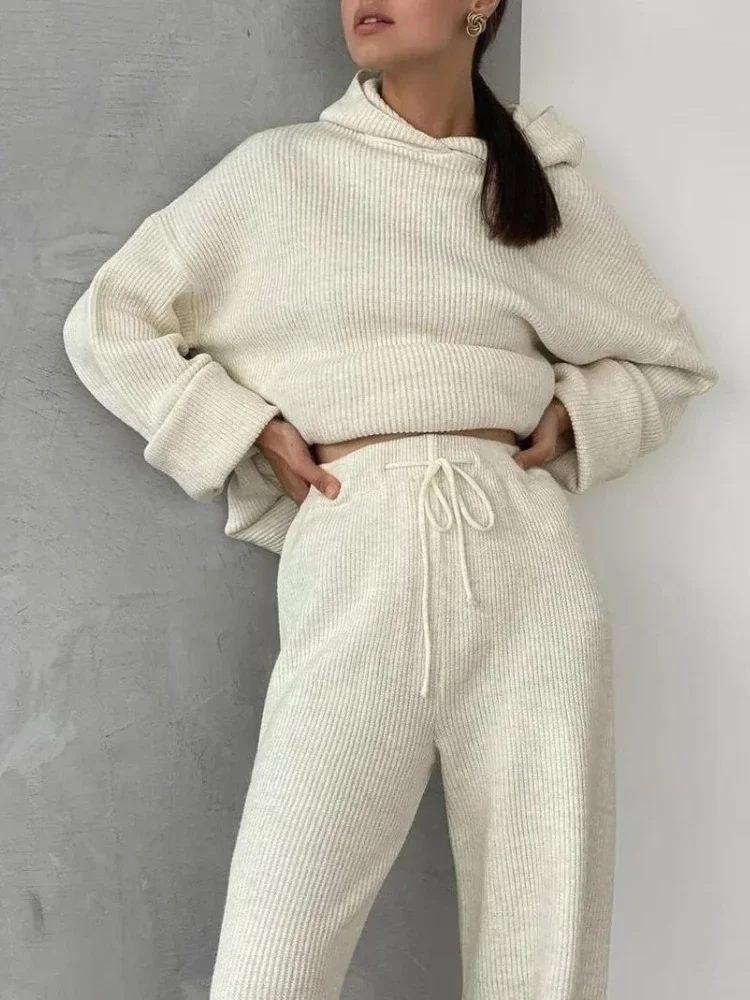 Autumn Winter Women Elegant Knit Sweater Top Pants 2-piece Set Long-sleeved Head Cover Hooded Loose 2 Piece Sets Womens Outfits