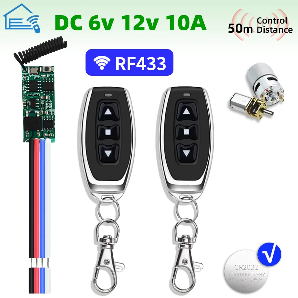 433MHz RF universal micro motor remote control switch, DC 6V/12V/18V/24V relay module, 50-meter transmitter, wireless receiver