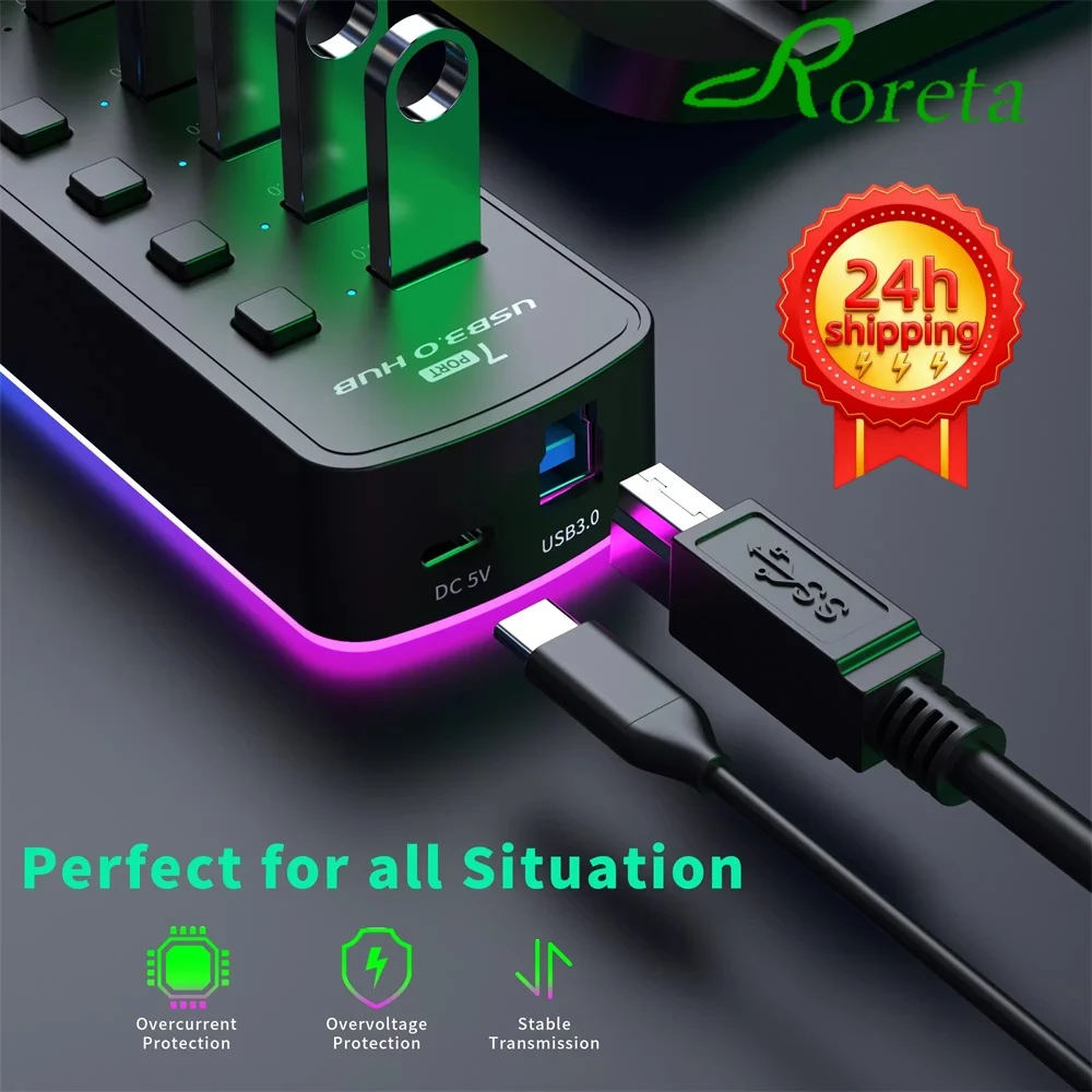 

7 Ports USB 3.0 Hub 5Gbps High Speed USB Splitter Adapter Individual On/Off Switch For PC Computer Accessories SSD RGB USB Hub