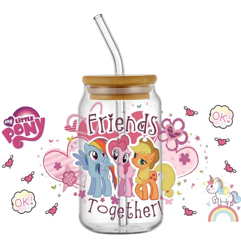 Miniso Cute Little Pony UV DTF Wraps Transfer Sticker DIY For 16oz Libbey Glass Cup Waterproof Wrap Transfers Decals Cup