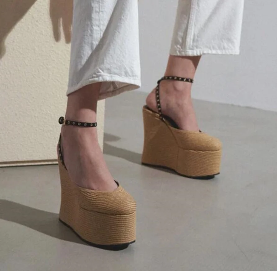 

Woven Paper Straw Pin-Buckle Ankle Strap Wedged Heel Platform Wedge High Heel Sandals Thick Sole Versatile Western Shoes