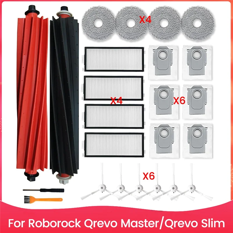 قطع غيار لـ Roborock Qrevo Master/Qrevo Slim جهاز آلي لتنظيف الأتربة فرش جانبية رئيسية مرشحات HEPA وسادات ممسحة أكياس الغبار