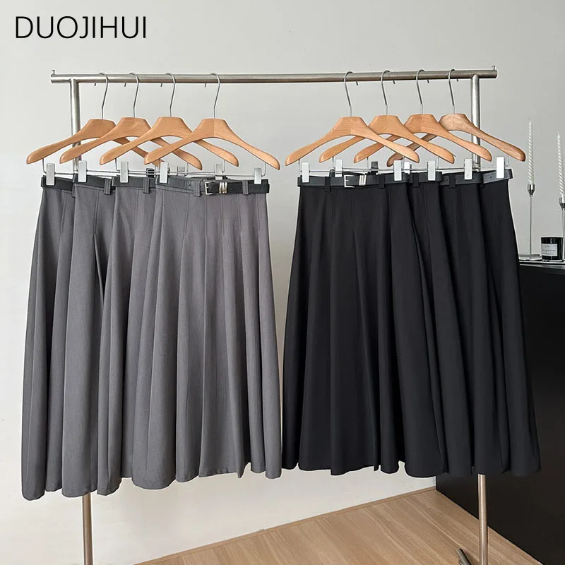 

DUOJIHUI Black Classic with Belt Elegant Women Midi Skirts Spring Chic High Waist Slim Fashion Simple Casual Loose Female Skirts