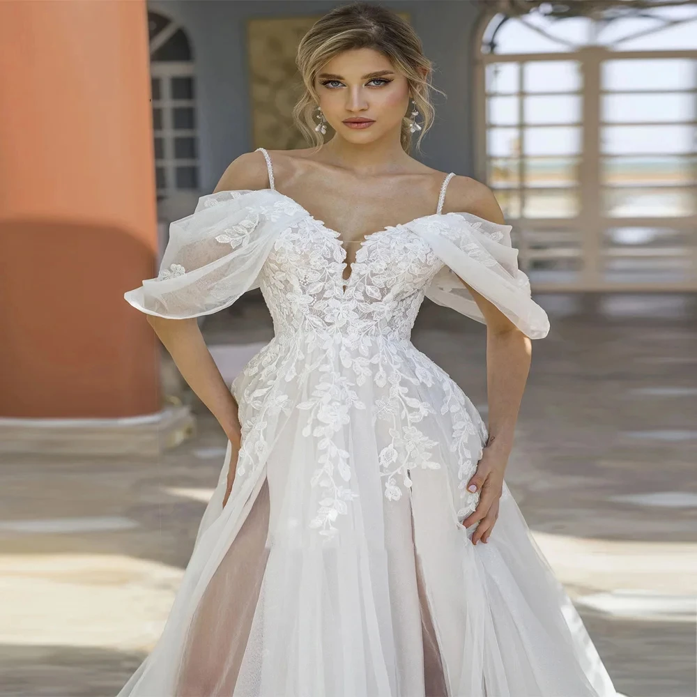 ชุดแต่งงานสายเดี่ยวแบบสปาเก็ตตี้ ประดับลูกไม้ ชุดแต่งงานแบบไม่มีแขน ชุดเดรสยาววิบวับหรูหราสำหรับผู้หญิง ชุดราตรี