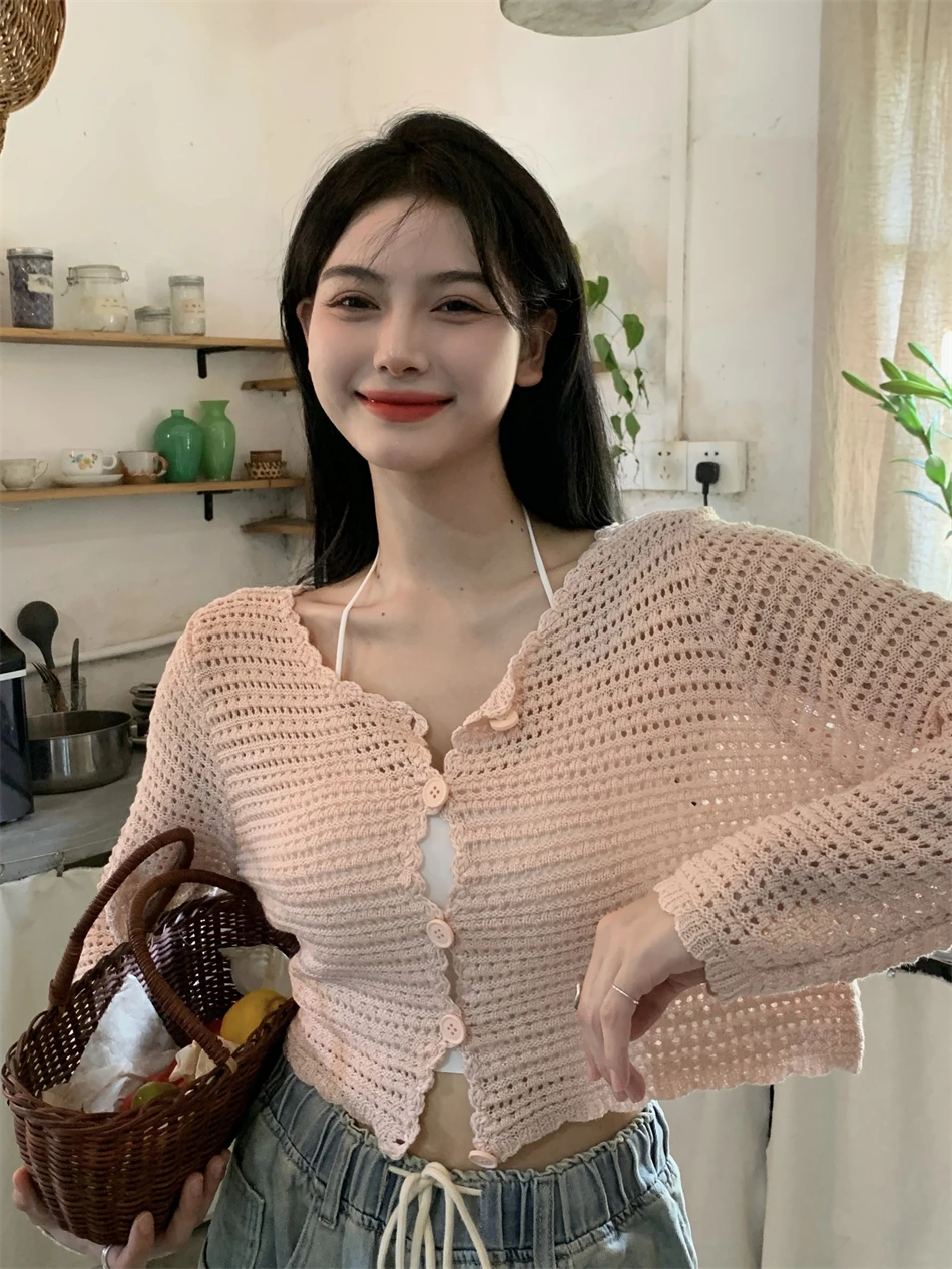 Cardigan Pointelle para mulheres manga comprida botão para baixo suéter de malha jaqueta primavera verão adolescente roupa casual