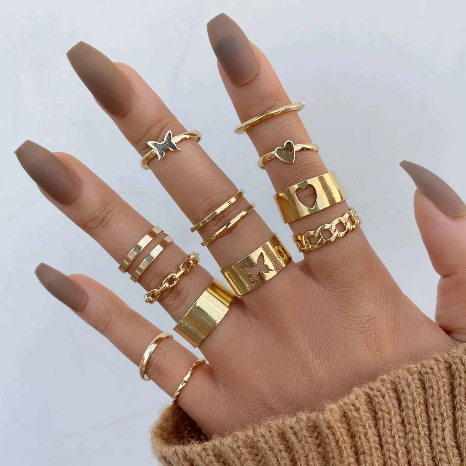 Vintage Korean Gold Silver Color Pearl Rings Set Jewelry For  Girls Butterfly Hollow Heart  Ring For Women Accessories