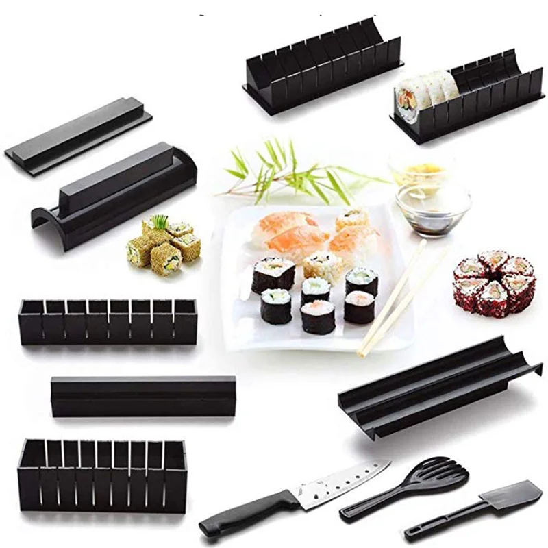 10Pcs/set Sushi Making Kit Japanese Rice Ball Cake Roll Mold DIY Home Sushi Making Tool Plastic Kitchen Sushi Maker Tools