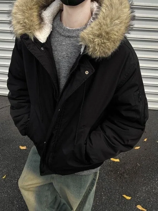 

Мужская утепленная зимняя куртка с большим меховым воротником в американском ретро-стиле, с капюшоном, хлопковая, теплая, повседневная, свободного кроя, на молнии