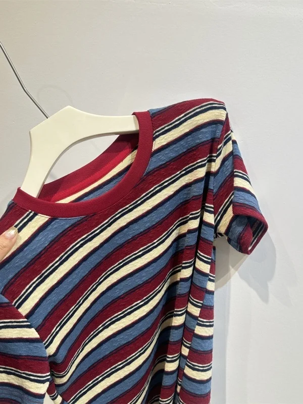 

Slim Fit Short Sleeve T-Shirt Women's round Neck Retro Striped Top Casual Summer Cotton Polyester Blend Korean Style