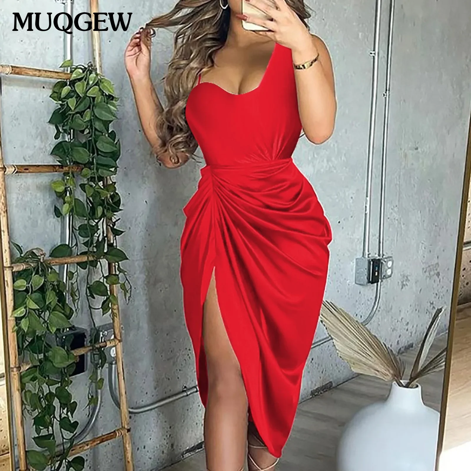 Frauen sexy Kleider Sommer einfarbig sexy Schlitz Midi gekleidet eine Schulter Abendkleid Luxus elegante Kleider