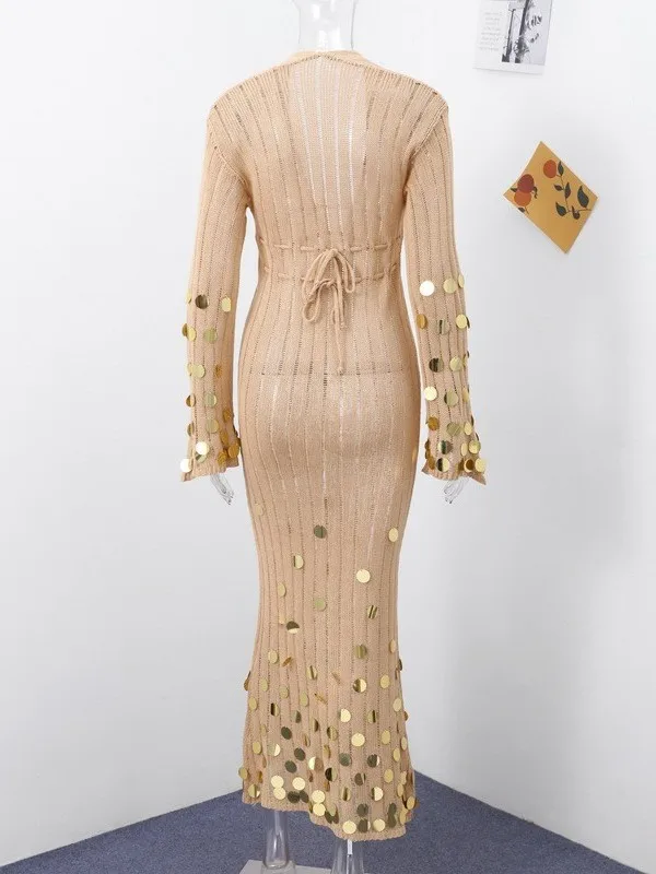 반짝이는 스팽글 딥 V넥 벨티드 니트 롱 드레스 봄 가을 시스루 우아한 여성스러운 스타일 하이웨이스트 롱 드레스