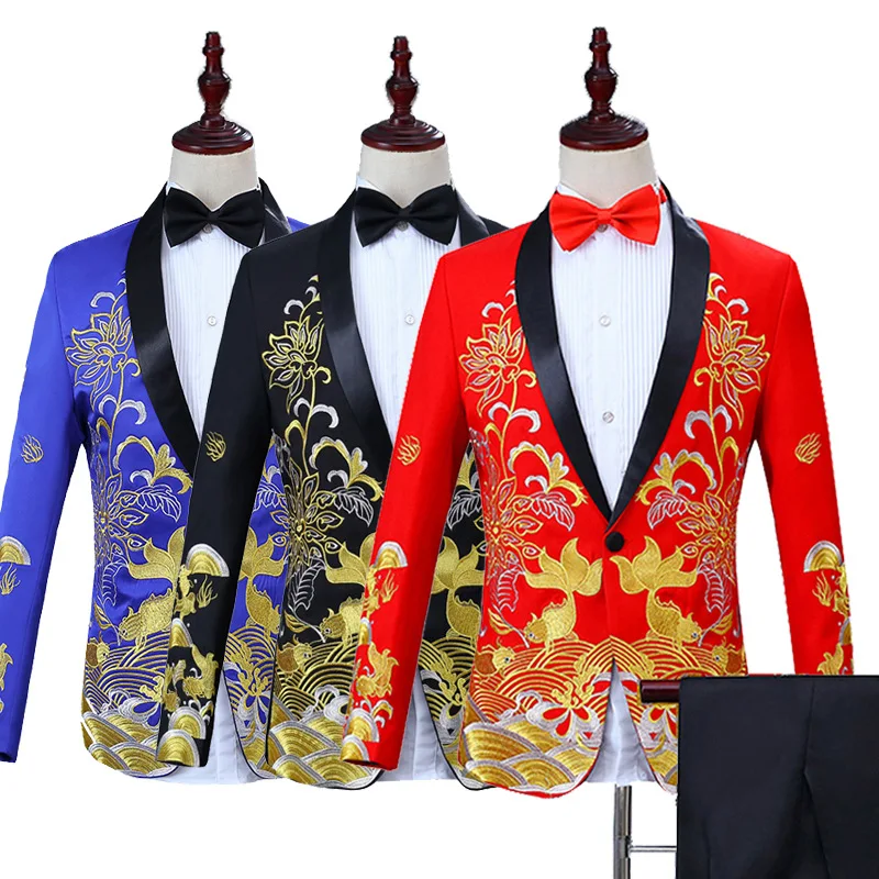 

New Men's Asian Sizes, Two-Piece Formal Suit, “Abundance of Fish” Embroidered Fabric, Chinese-Style Suit Set