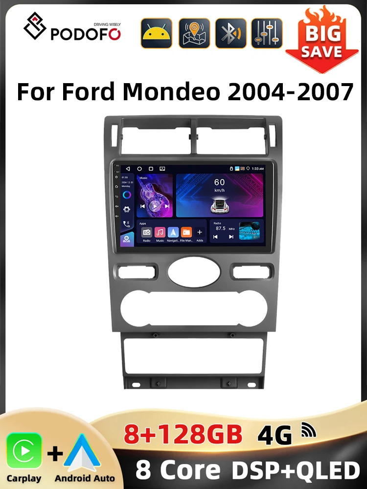 Podofo 9 ''2din Autoradio Voor Ford Mondeo 2004-2007 Multimediaspeler Carplay Android Car Navigation Dsp Ai Voice Bt Car Audio - afbeelding 2