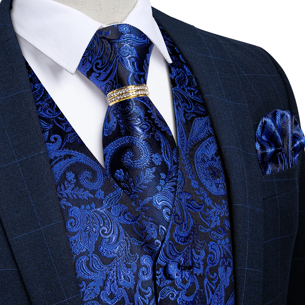 Black Base Deep Blue Paisley Waistcoat Combo Tie Square Cufflinks Gold Ring For New Year Gala Wedding Guest Look