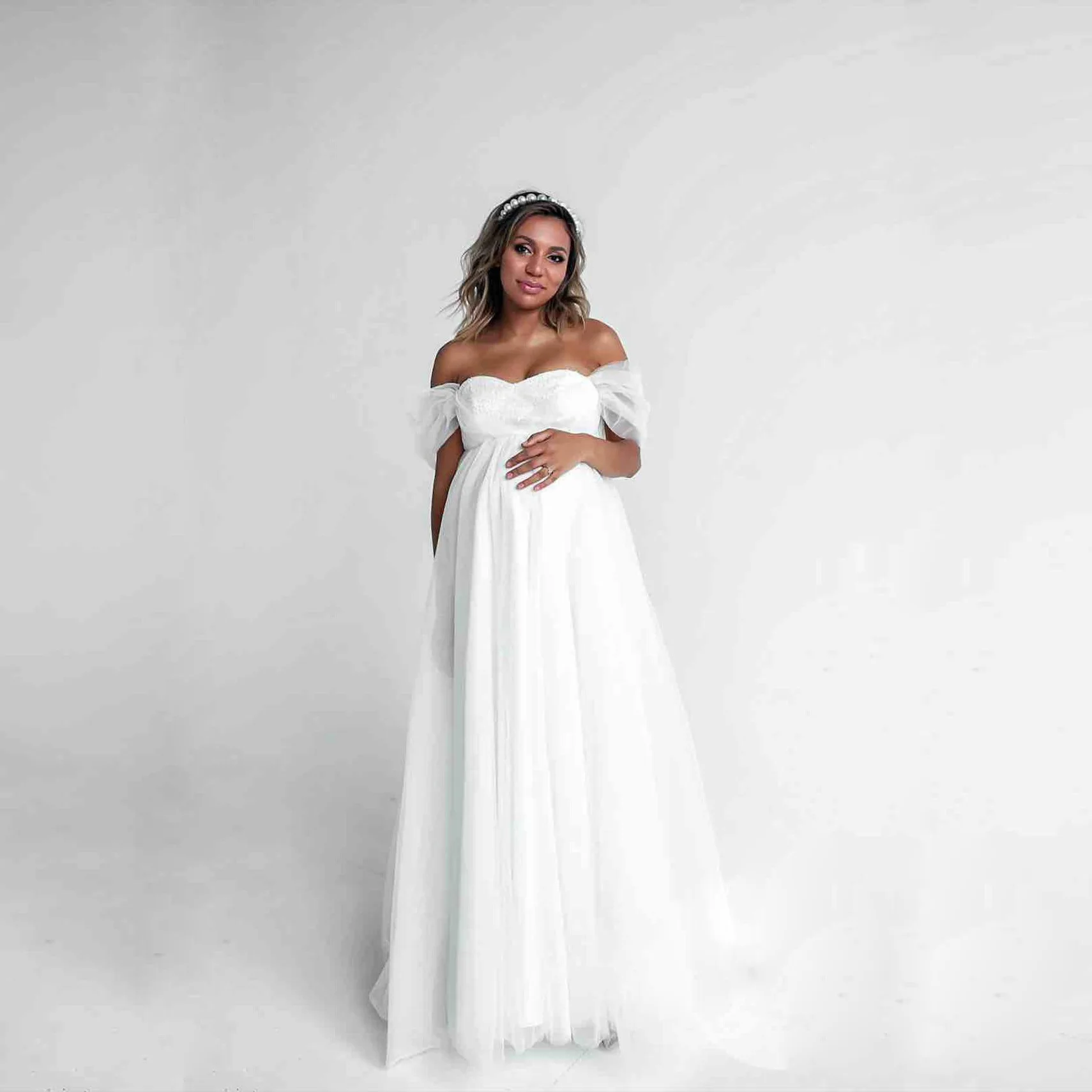 European and American White Women's Lace and Chiffon Maternity Flowing Trailing Flutter Sleeve Maxi Dress for Photography