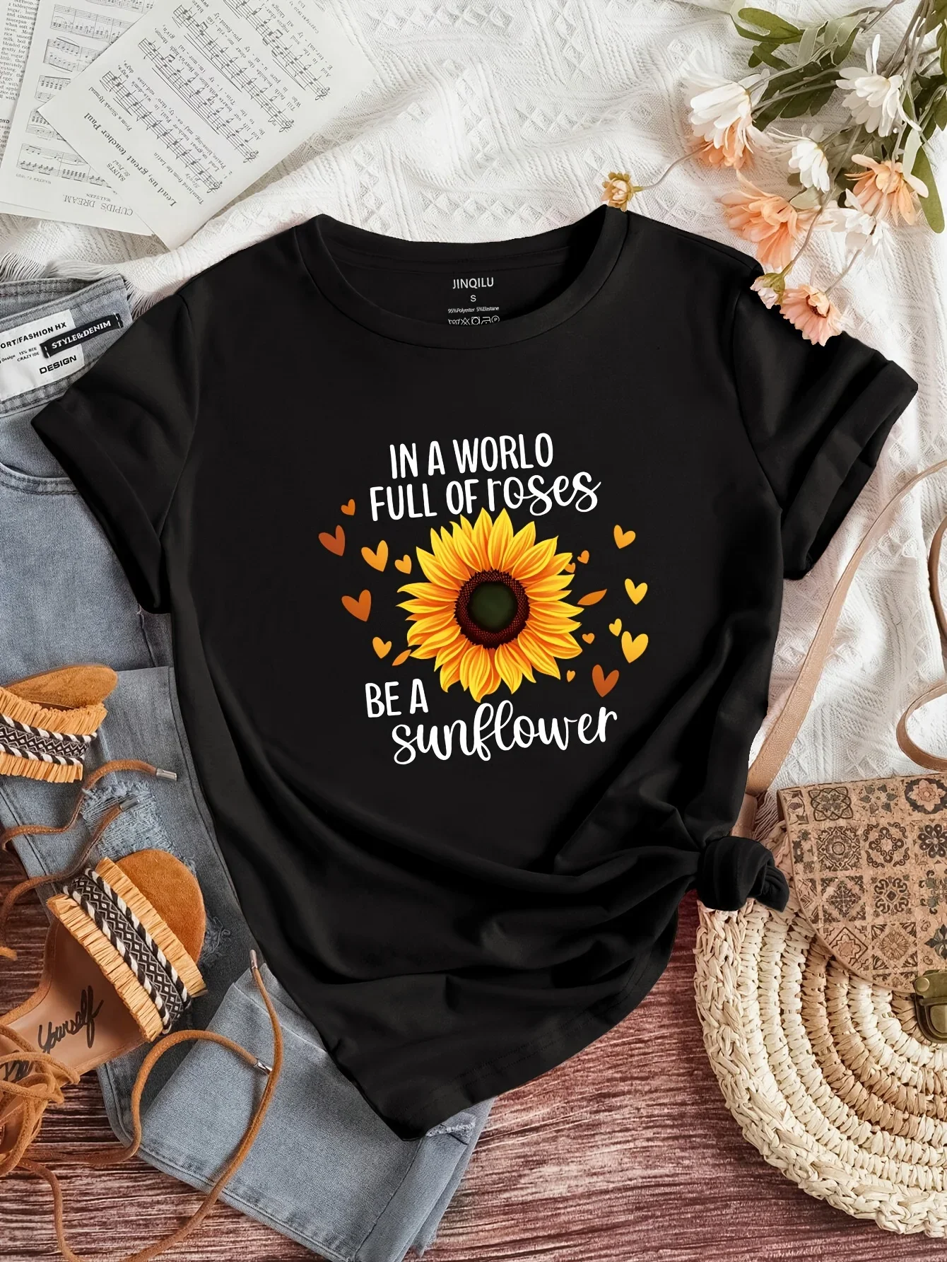 

Sunflower & Letter Print Crew Neck T-Shirt, Casual Short Sleeve T-Shirt For Spring & Summer, Women's Clothing