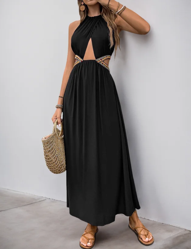 

Fashion 2025 Summer Casual New Sleeveless Hanging Neck Dress Hollowed Out Socialites Ladies Vacation Style Long Skirt for Women