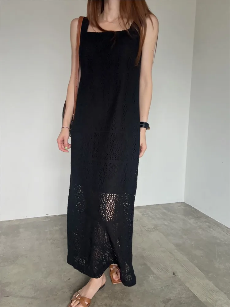 Moda coreana vestido feminino 2025 verão gola quadrada cortar rendas crochê colete vestidos femininos streetwear chique solto vestido longo