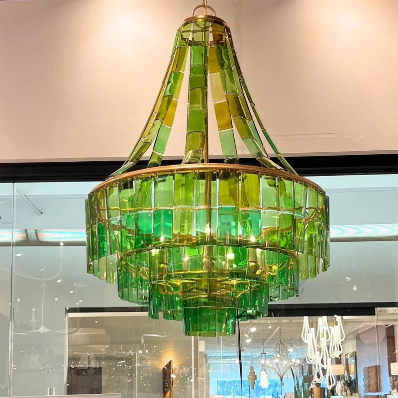 ثريا بريق فاخرة من الزجاج الأخضر والشفاف، مصباح معلق على شكل أجهزة قابلة للتعتيم لغرفة المعيشة، تركيبات للسقف